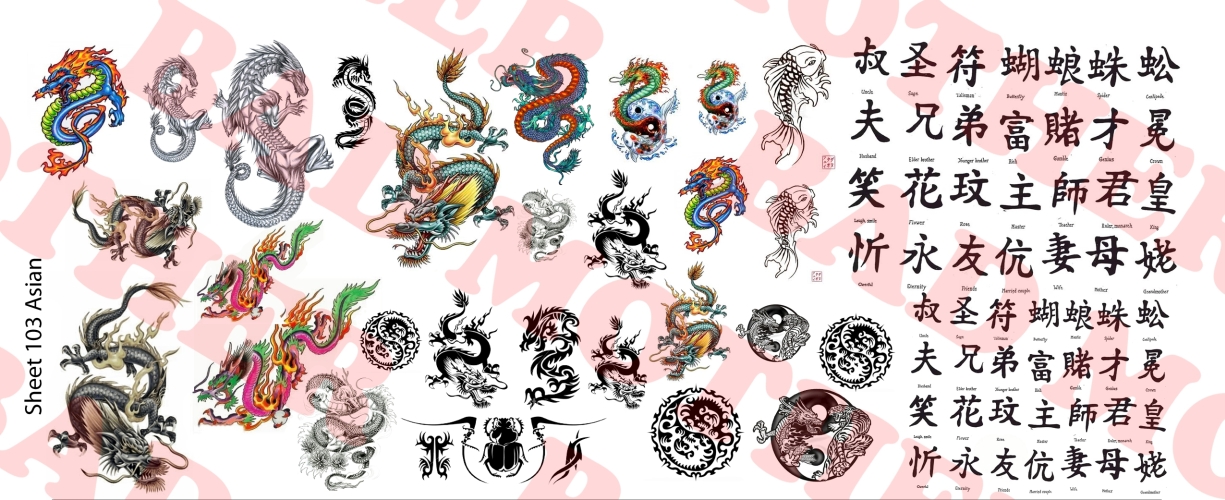 1/6 Scale Custom Tattoos Dragons variety pack Waterslide Decals 